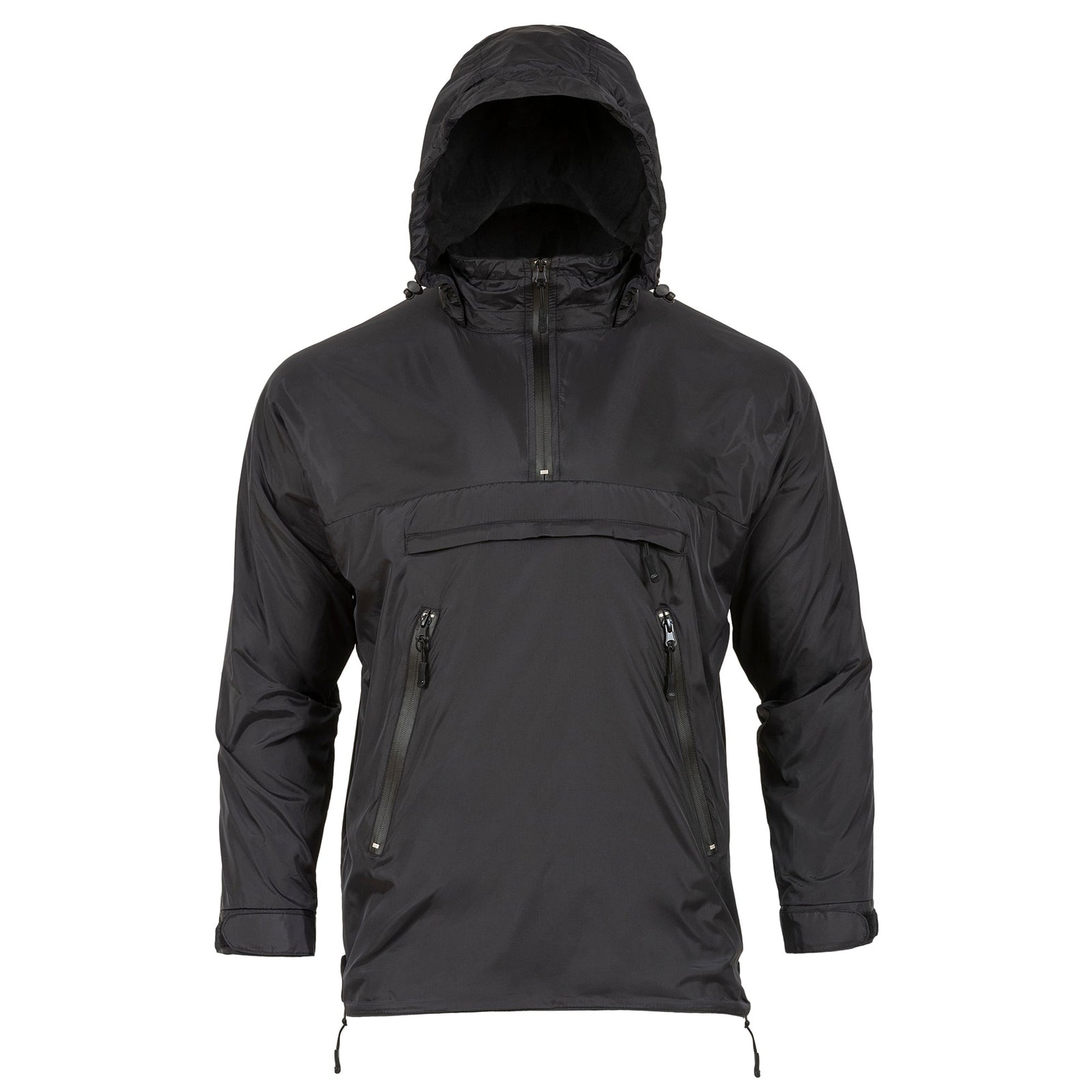 Der HIGHLANDER FORCES Highlander Halo Tactical Smock in Schwarz hat einen halben Reißverschluss auf der Vorderseite, Brust- und Seitentaschen mit Reißverschluss und verstellbare Kordeln am Saum und an der Kapuze, abgebildet auf einem schlichten weißen Hintergrund.