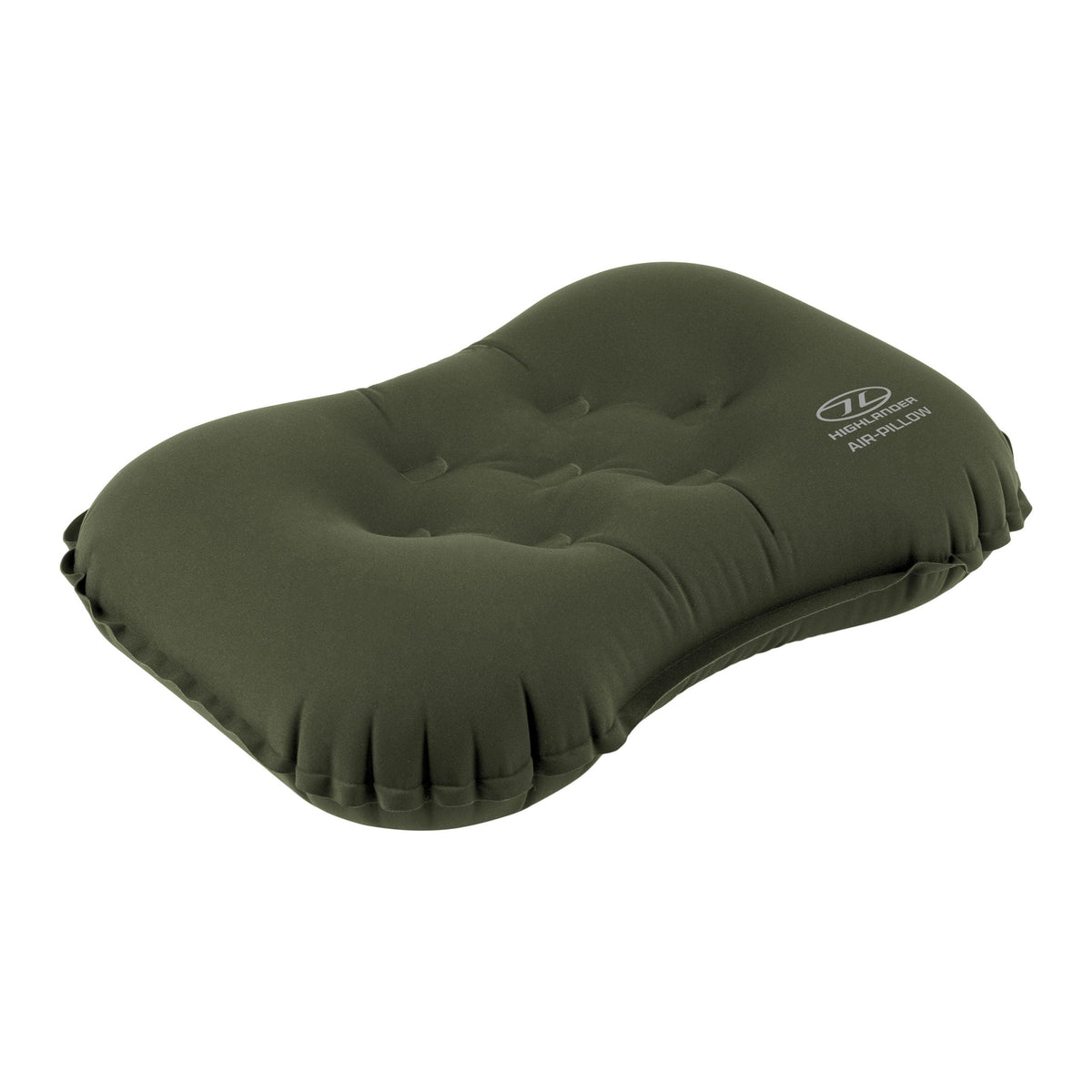Ein dunkelgrünes, rechteckiges Highlander Luftkissen NAP-PAK Camping Air Pillow von HIGHLANDER FORCES, mit einer leicht gewölbten, eingerückten Oberfläche und einem kleinen Logo und Text in der oberen rechten Ecke.