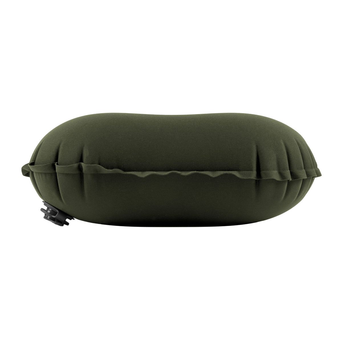 Ein grünes, ovales HIGHLANDER FORCES Luftkissen NAP-PAK Camping Air Pillow mit schwarzem Luftventil auf weißem Hintergrund. Sein ultraleichtes Design ist ideal für Outdoor-Abenteuer.