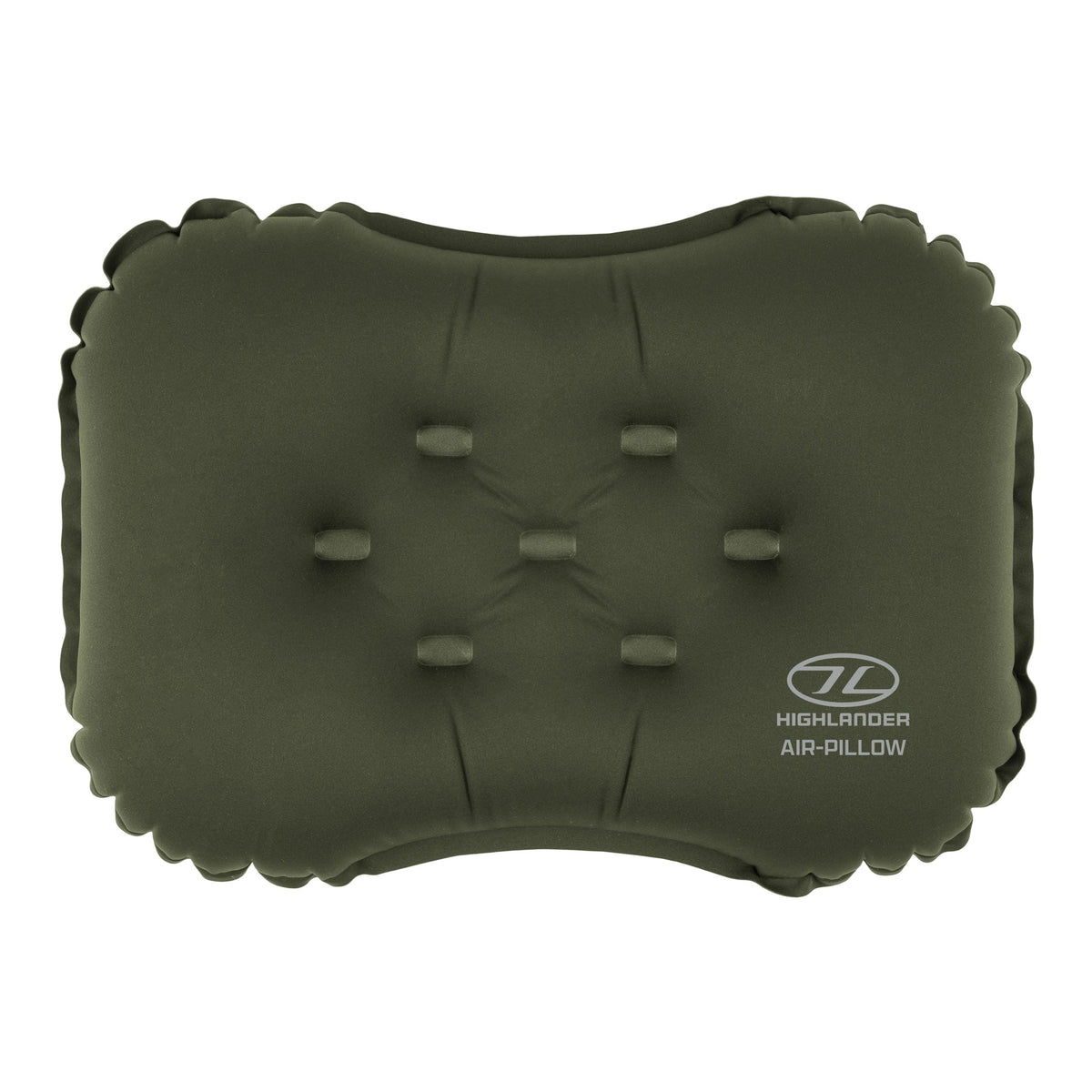 Ein olivgrünes Highlander Luftkissen NAP-PAK Camping Luftkissen von HIGHLANDER FORCES, mit eingedrückten Knopfdetails, Wellenrand und dem Highlander Luftkissen-Logo in weißer Farbe in der unteren rechten Ecke.