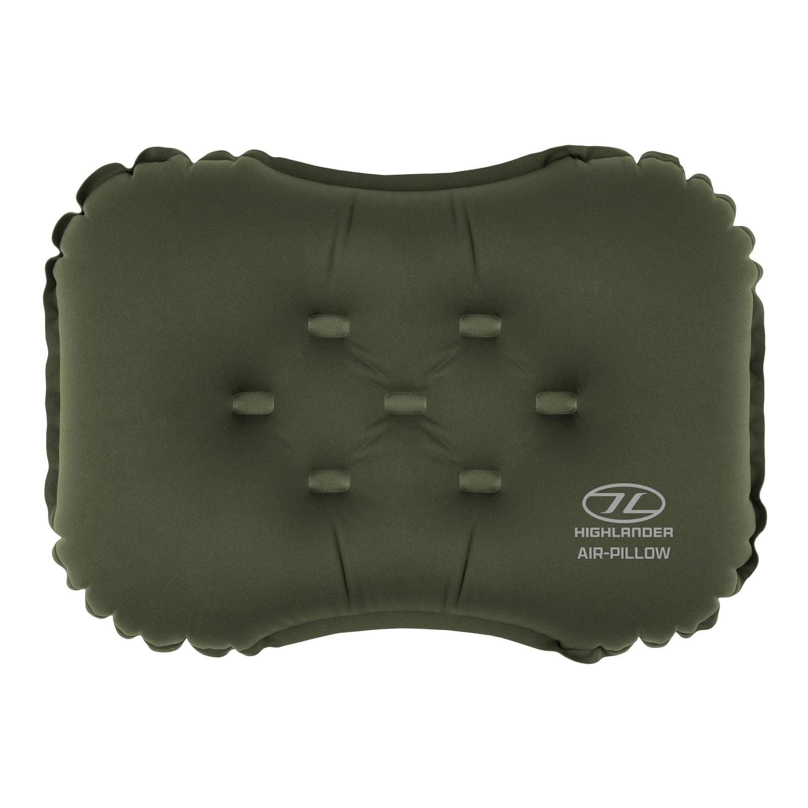 Ein olivgrünes Highlander Luftkissen NAP-PAK Camping Luftkissen von HIGHLANDER FORCES, mit eingedrückten Knopfdetails, Wellenrand und dem Highlander Luftkissen-Logo in weißer Farbe in der unteren rechten Ecke.