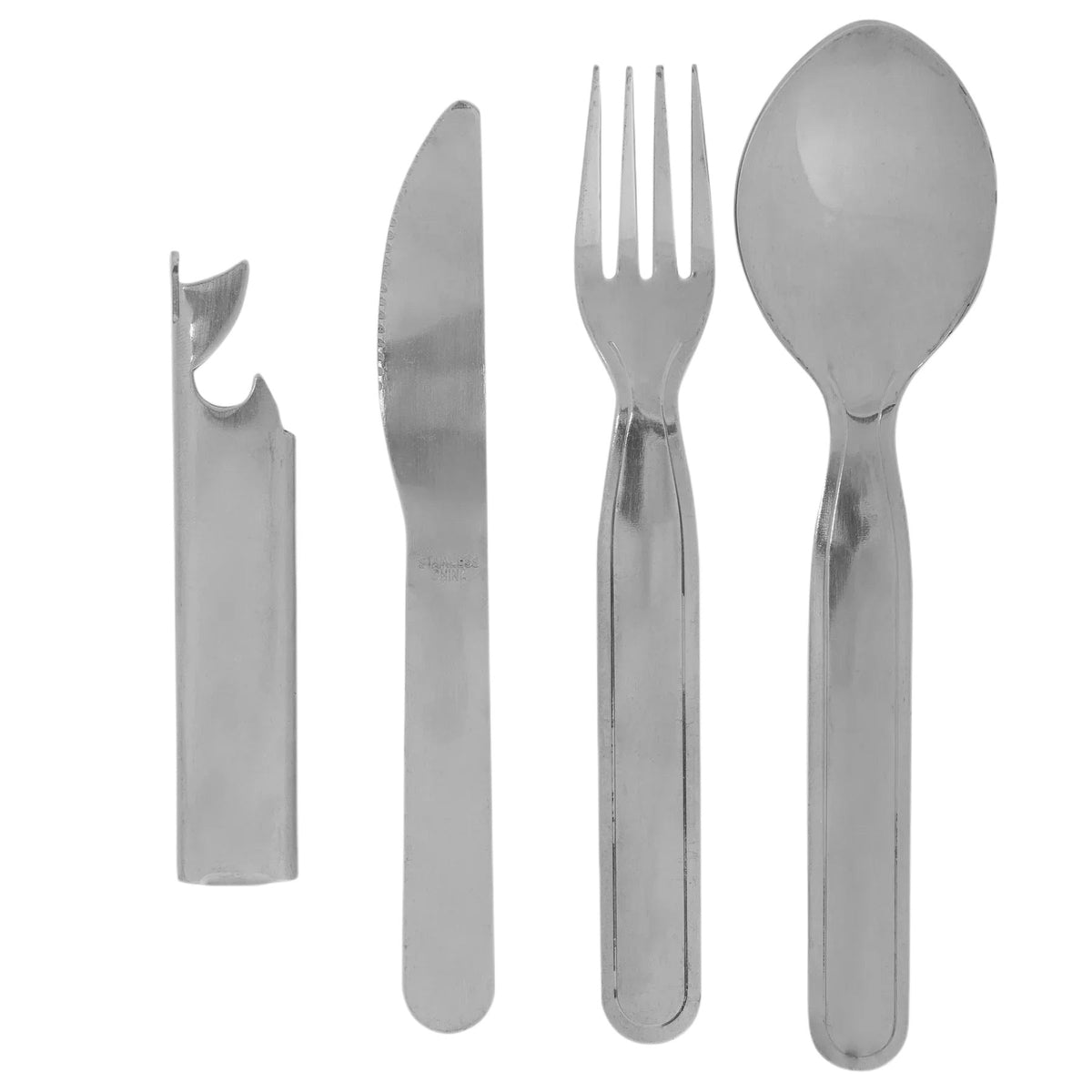 Vier Highlander Military-Style Besteckset aus rostfreiem Stahl - Dosenöffner, Messer, Gabel und Löffel von HIGHLANDER OUTDOOR - sind vertikal auf einem weißen Hintergrund angeordnet. Jedes Teil ist aus rostfreiem Stahl gefertigt, um eine lange Lebensdauer zu gewährleisten.
