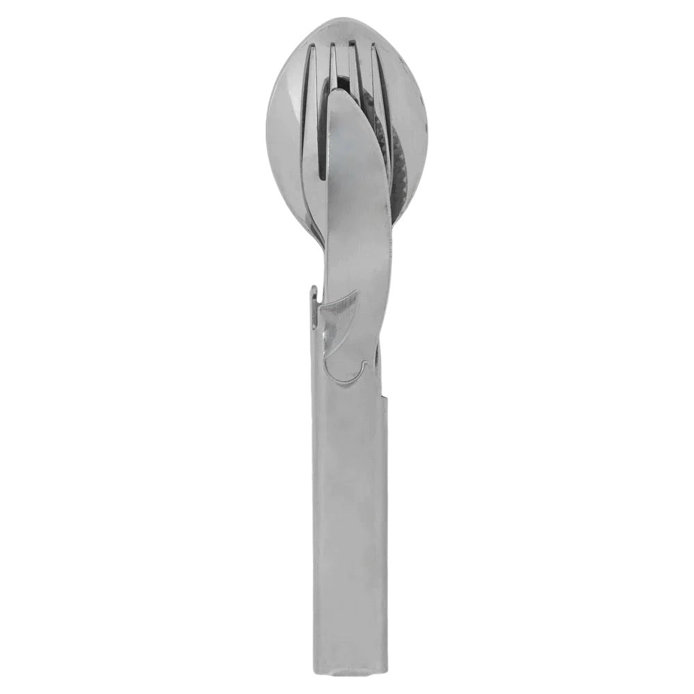 Das HIGHLANDER OUTDOOR Highlander Besteckset im Military-Style besteht aus Löffel, Gabel und Messer aus rostfreiem Stahl, die von vorne gesehen kompakt zusammengesetzt sind.