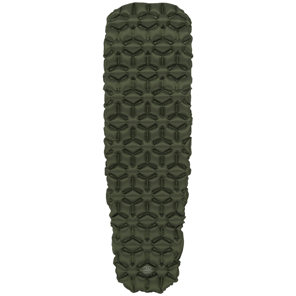Die HIGHLANDER FORCES NAP-PAK aufblasbare Schlafmatte in Olivgrün aus strapazierfähigem Ripstop-Nylon mit gestepptem Sechseckmuster ist von oben auf weißem Hintergrund abgebildet.