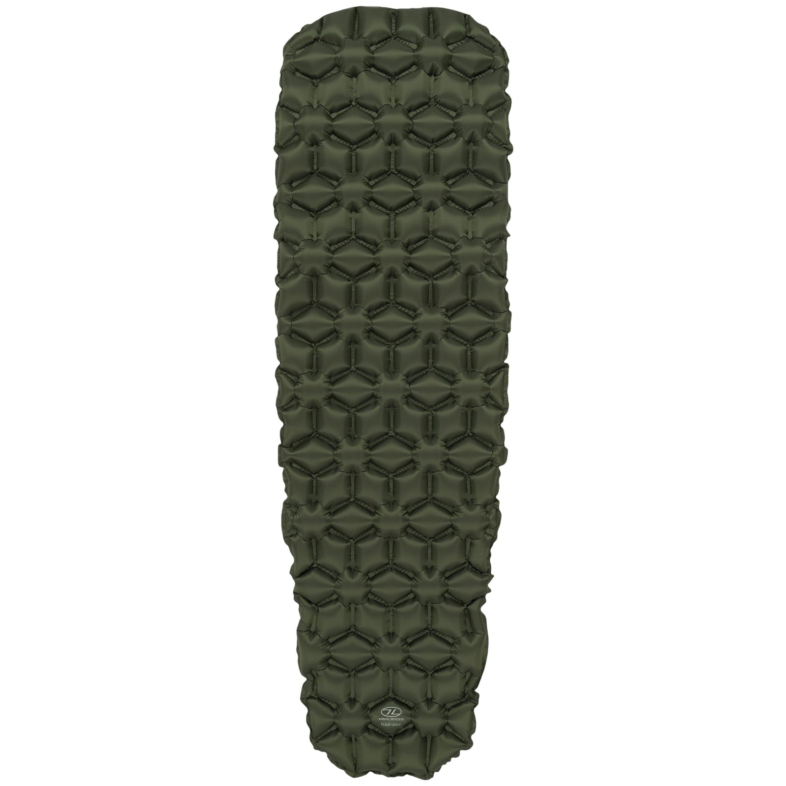 Die HIGHLANDER FORCES NAP-PAK aufblasbare Schlafmatte in Olivgrün aus strapazierfähigem Ripstop-Nylon mit gestepptem Sechseckmuster ist von oben auf weißem Hintergrund abgebildet.