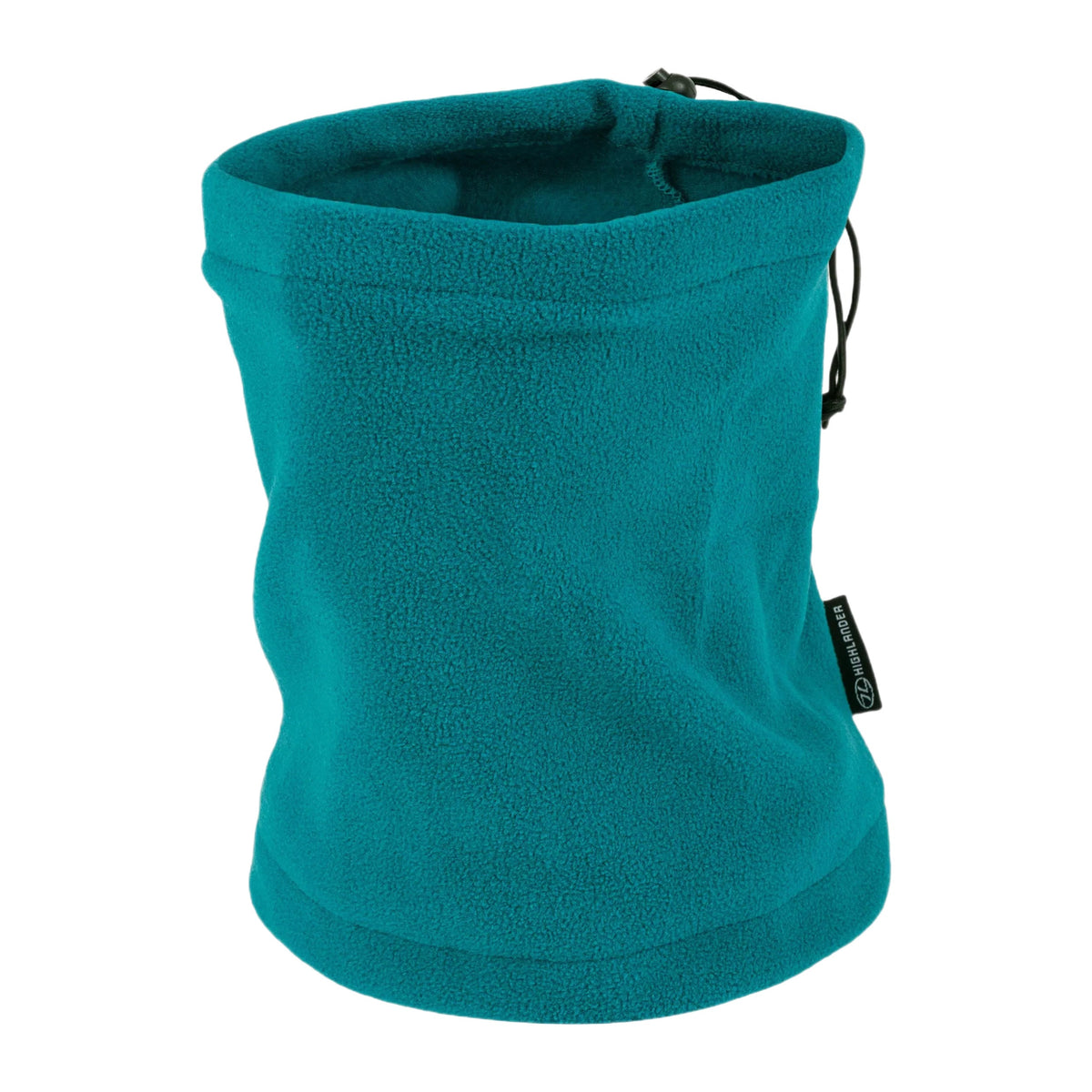 Der HIGHLANDER OUTDOOR Polar Fleece Neck Warmer in Petrol mit verstellbarem Kordelzug und kleinem schwarzen Seitenetikett bietet Wärme und Komfort bei kaltem Wetter.