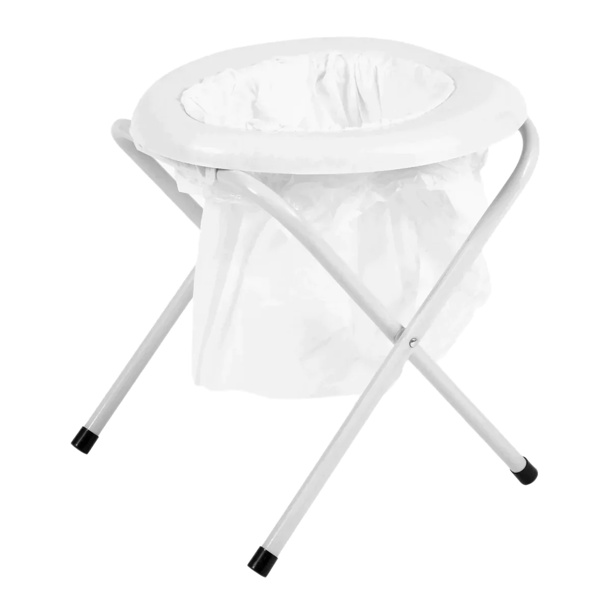 Die HIGHLANDER OUTDOOR Portable Toilette ist eine faltbare weiße Campingtoilette mit rundem Sitz, Einweg-Plastikbeutel und stabilem X-förmigem Metallrahmen - ideal für den praktischen Einsatz im Freien.