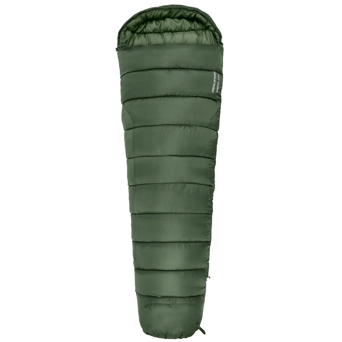 Der HIGHLANDER FORCES Highlander Schlafsack Phoenix Ember 250 ist ein grüner, mumienartiger Schlafsack mit horizontalen Nähten, Kapuzenoberteil und leicht verjüngtem Fußteil - perfekt als 3-Jahreszeiten-Schlafsack für Ihre Abenteuer.
