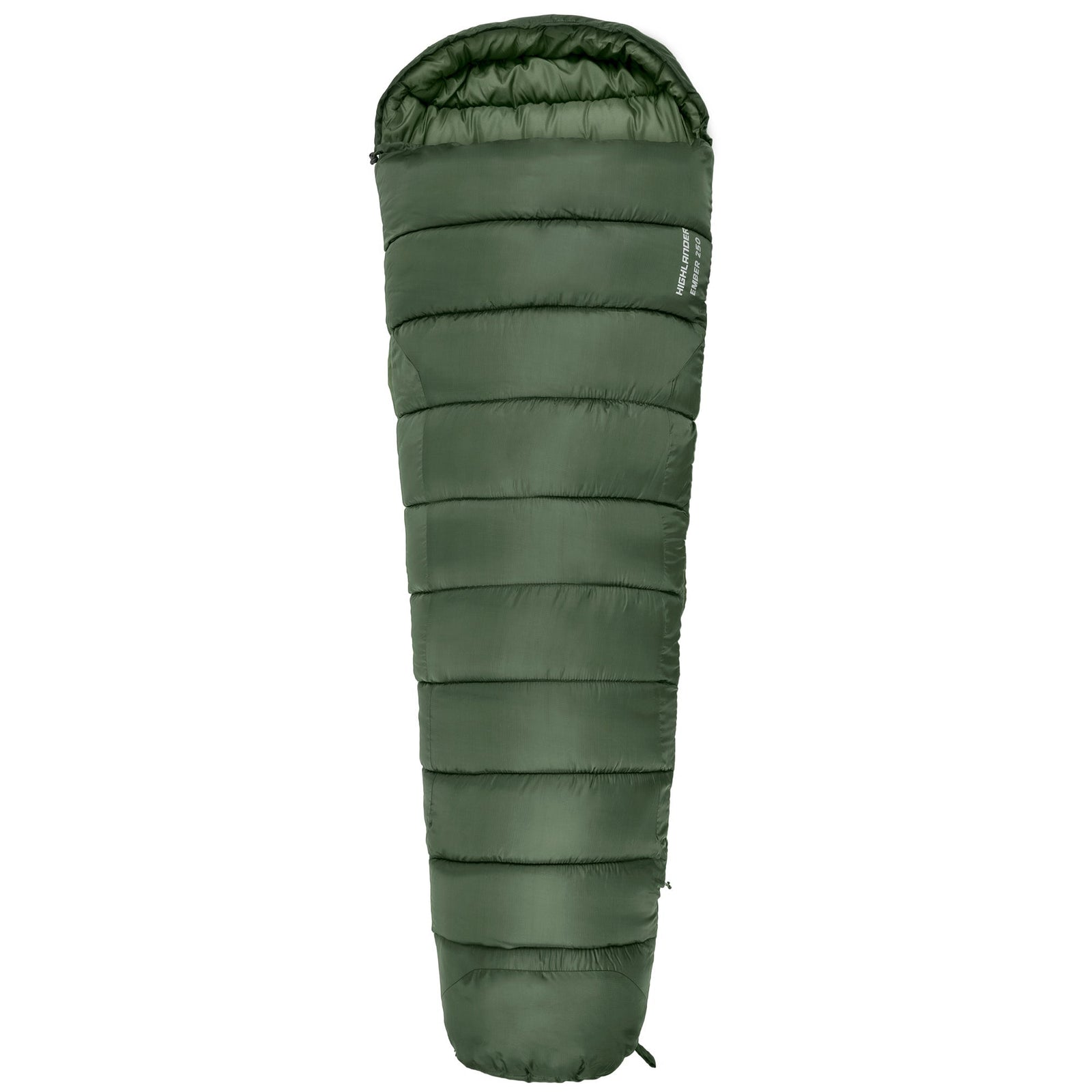 Der HIGHLANDER FORCES Highlander Schlafsack Phoenix Ember 250 ist ein grüner, mumienartiger Schlafsack mit horizontalen Nähten, Kapuzenoberteil und leicht verjüngtem Fußteil - perfekt als 3-Jahreszeiten-Schlafsack für Ihre Abenteuer.