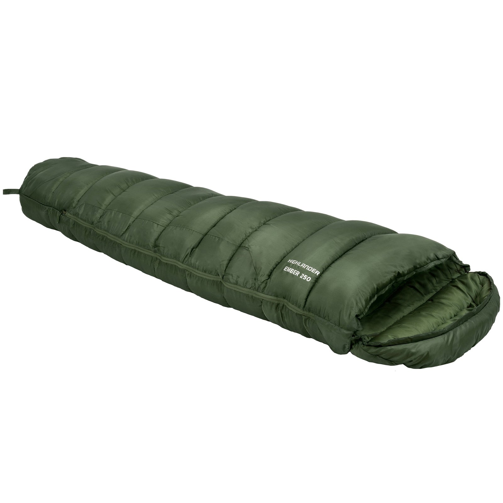 Der HIGHLANDER FORCES Highlander Schlafsack Phoenix Ember 250, ein grüner Mumienschlafsack, ist flach auf einem weißen Hintergrund abgebildet, wobei die Oberseite teilweise geöffnet ist, um das Innenfutter freizulegen.