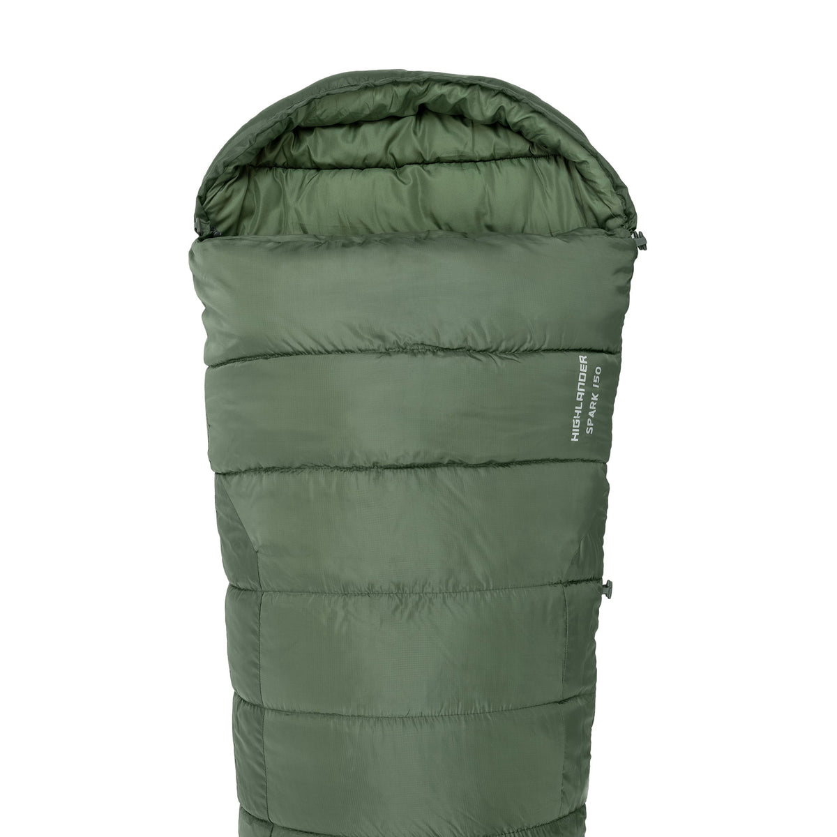 Ein grüner Highlander Forces Schlafsack Phoenix Spark 150 für 2 Jahreszeiten steht aufrecht mit geöffneter Kapuze. Auf der oberen rechten Seite des Schlafsacks ist "Heat Reflect" zu sehen.