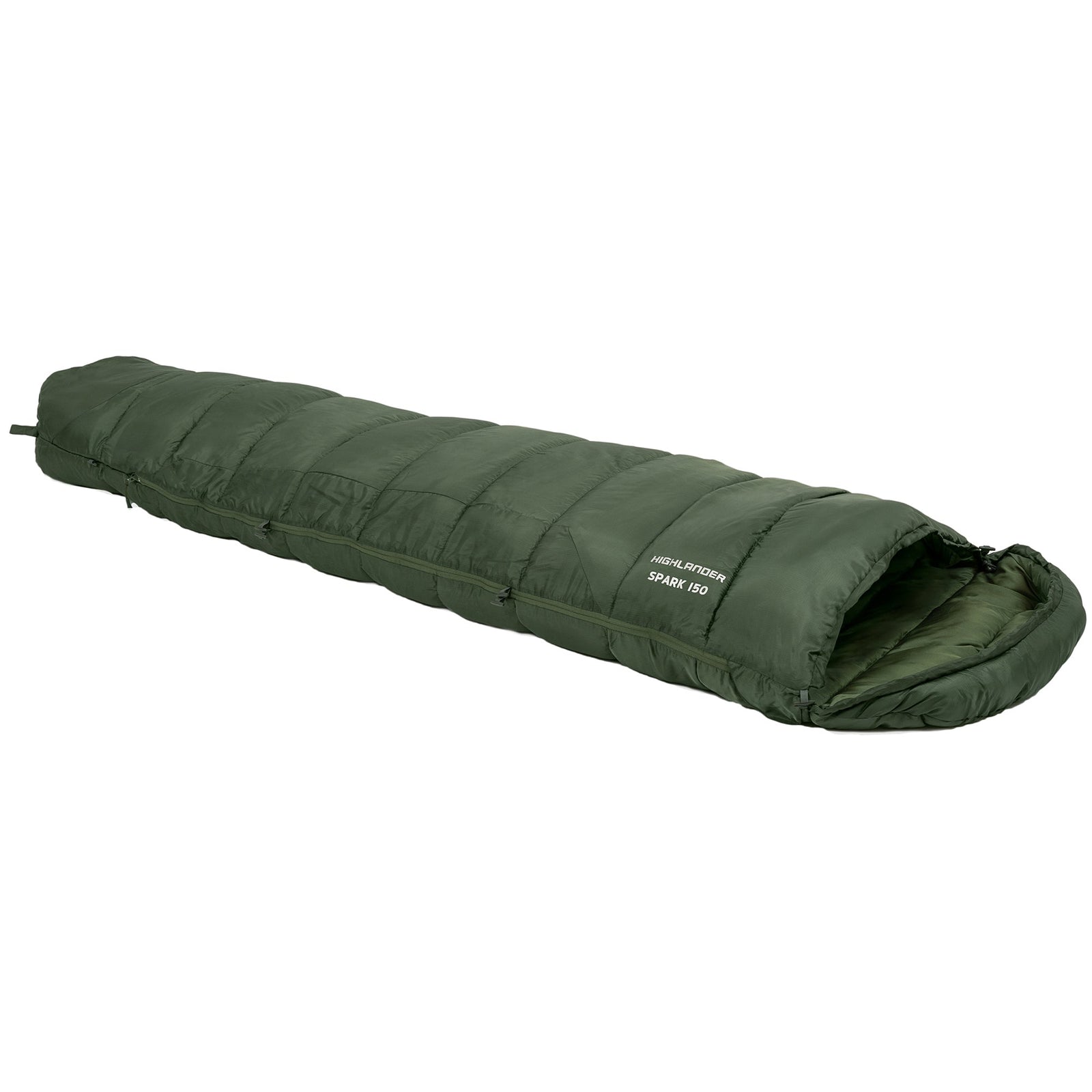 Der HIGHLANDER FORCES Schlafsack Phoenix Spark 150 in olivgrün ist ein 2 Jahreszeiten Mumienschlafsack, abgebildet voll geschlossen mit gesteppten Isolationspaneelen und offener Kapuze auf weißem Hintergrund.