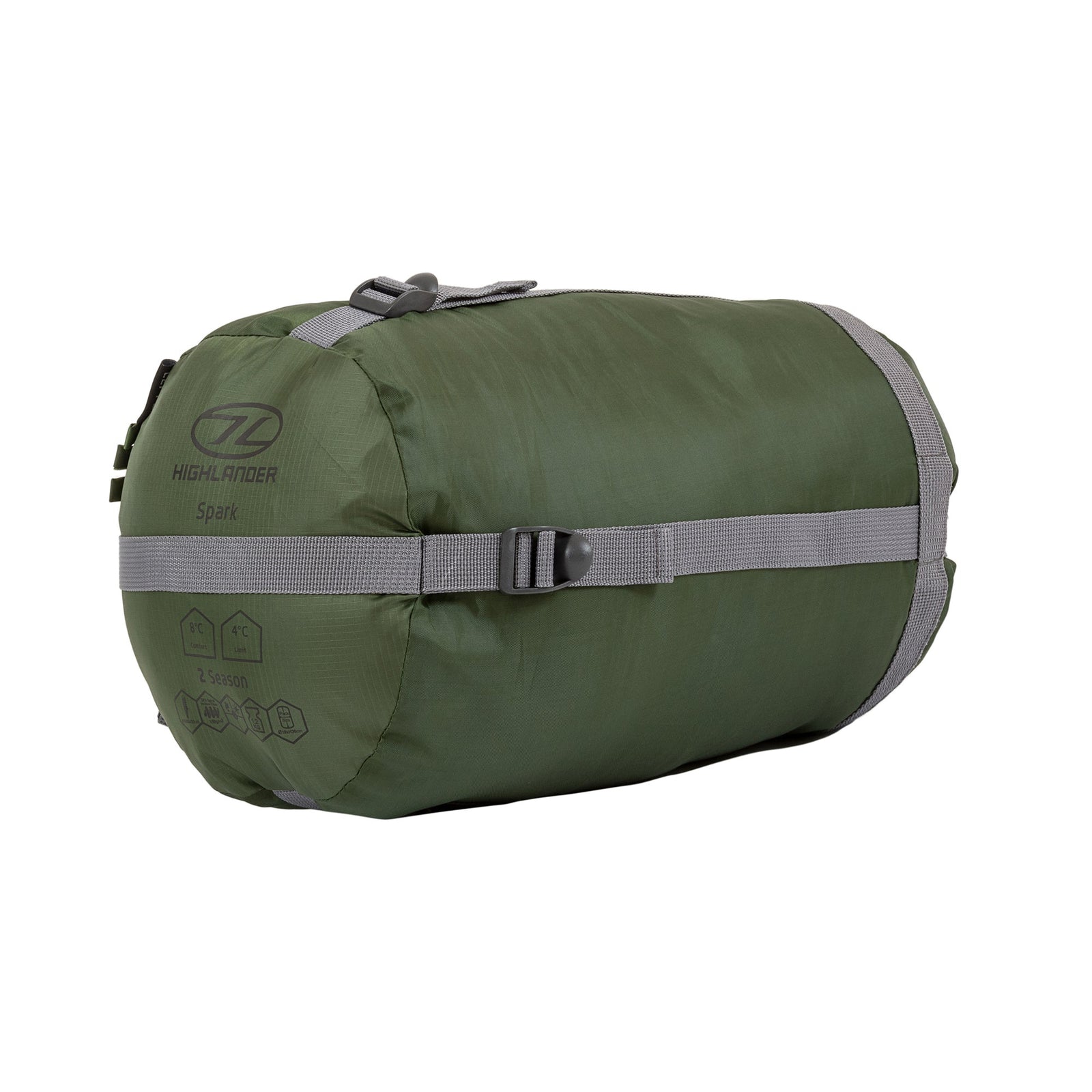 Der HIGHLANDER FORCES Schlafsack Phoenix Spark 150 ist ein kompakter 2-Jahreszeiten-Schlafsack im grünen Kompressionssack mit grauen Gurten und Schnallen, Komfortbereich 4°C-8°C.