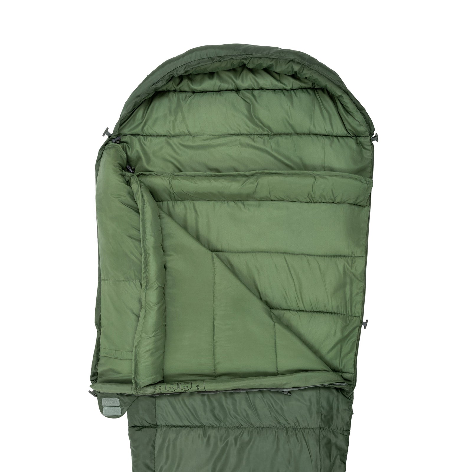 Der olivgrüne HIGHLANDER FORCES Highlander Schlafsack Phoenix Spark 150 ist mit geöffnetem Reißverschluss zu sehen und zeigt sein gestepptes Innenleben mit Kapuze. Der Schlafsack wurde für den Outdoor-Einsatz in 2 Jahreszeiten entwickelt und verfügt über eine wattierte Isolierung für Wärme und Komfort.