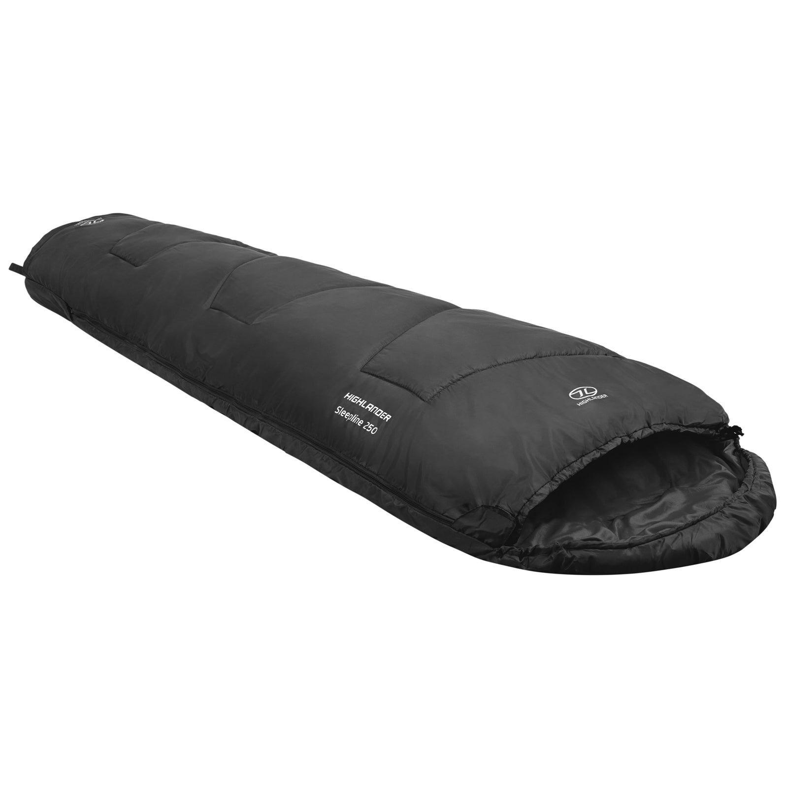 Ein schwarzer Highlander Schlafsack Sleepline 250 von HIGHLANDER OUTDOOR liegt flach auf einem weißen Hintergrund und zeigt sichtbare Nähte und ein offenes Ende - perfekt für Ihr nächstes Camping-Abenteuer.