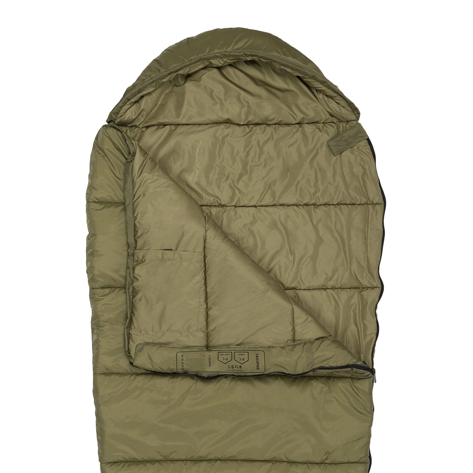 Der HIGHLANDER FORCES Highlander Schlafsack Trooper 250 in Olivgrün verfügt über eine Kapuze, eine glatte, isolierte Innenseite und rechteckige, gesteppte Abschnitte, die - mit geöffnetem Reißverschluss und flach hingelegt - seine zuverlässige Wärme und seinen Komfort zeigen.