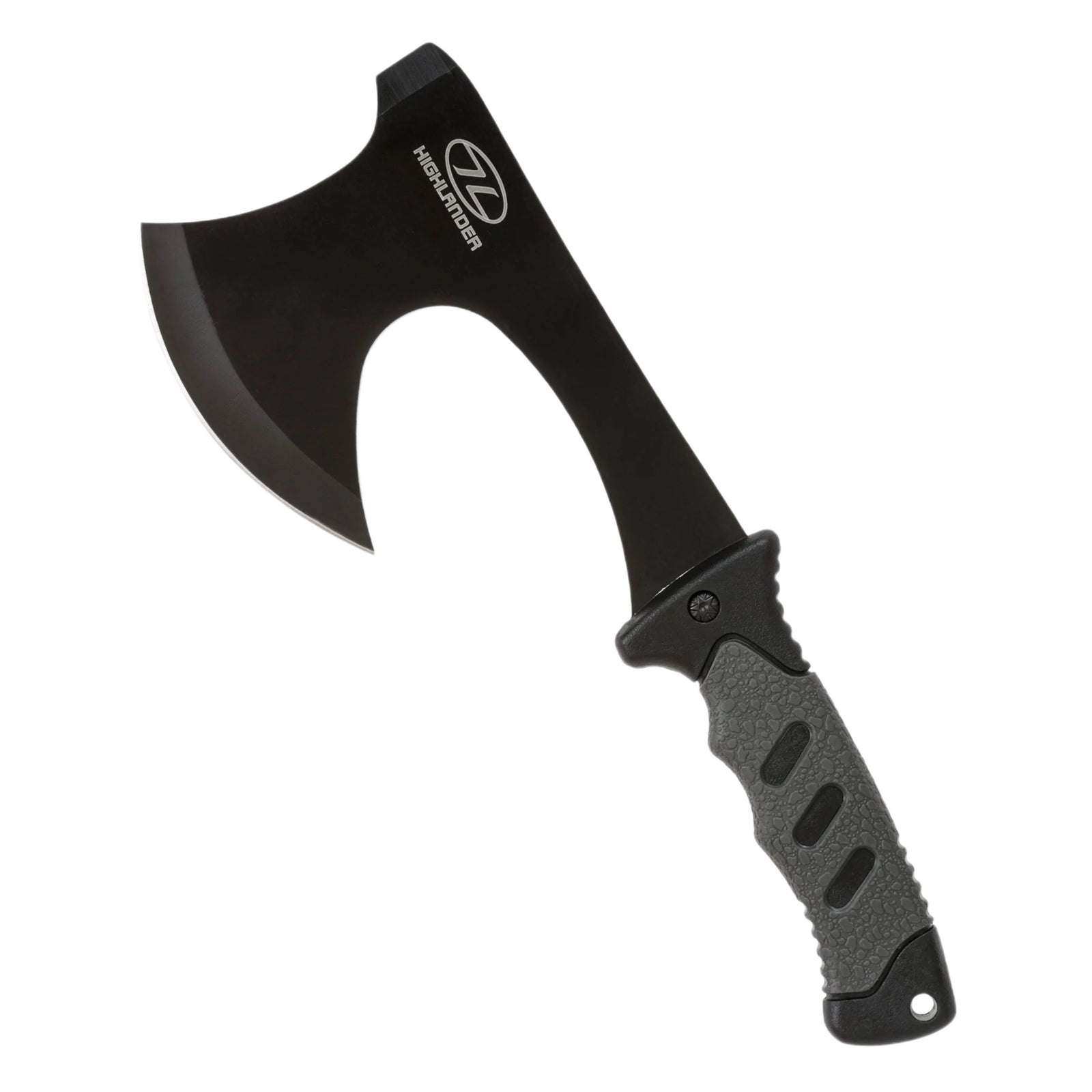 Die Highlander Survival Axt von HIGHLANDER FORCES ist eine schwarze taktische Axt mit einer gebogenen Klinge und einem strukturierten grau-schwarzen Griff für einen sicheren Halt.