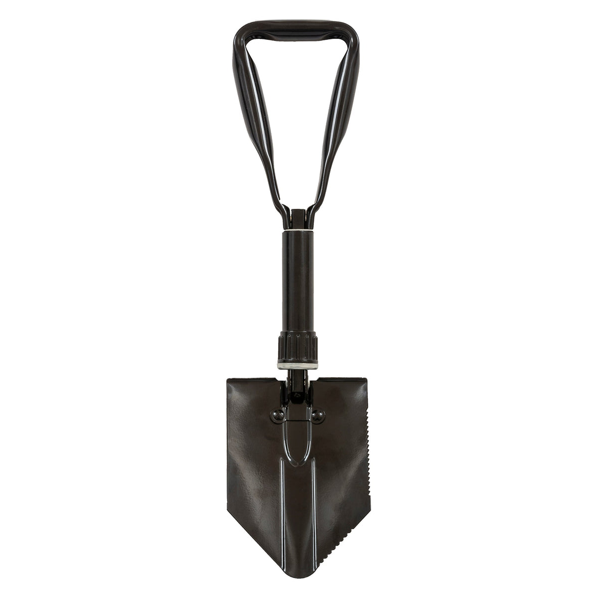 Die Highlander doppelt klappbare Schaufel von HIGHLANDER FORCES mit dreieckigem Blatt und D-Griff eignet sich ideal für Camping oder Survival und steht aufrecht vor weißem Hintergrund.