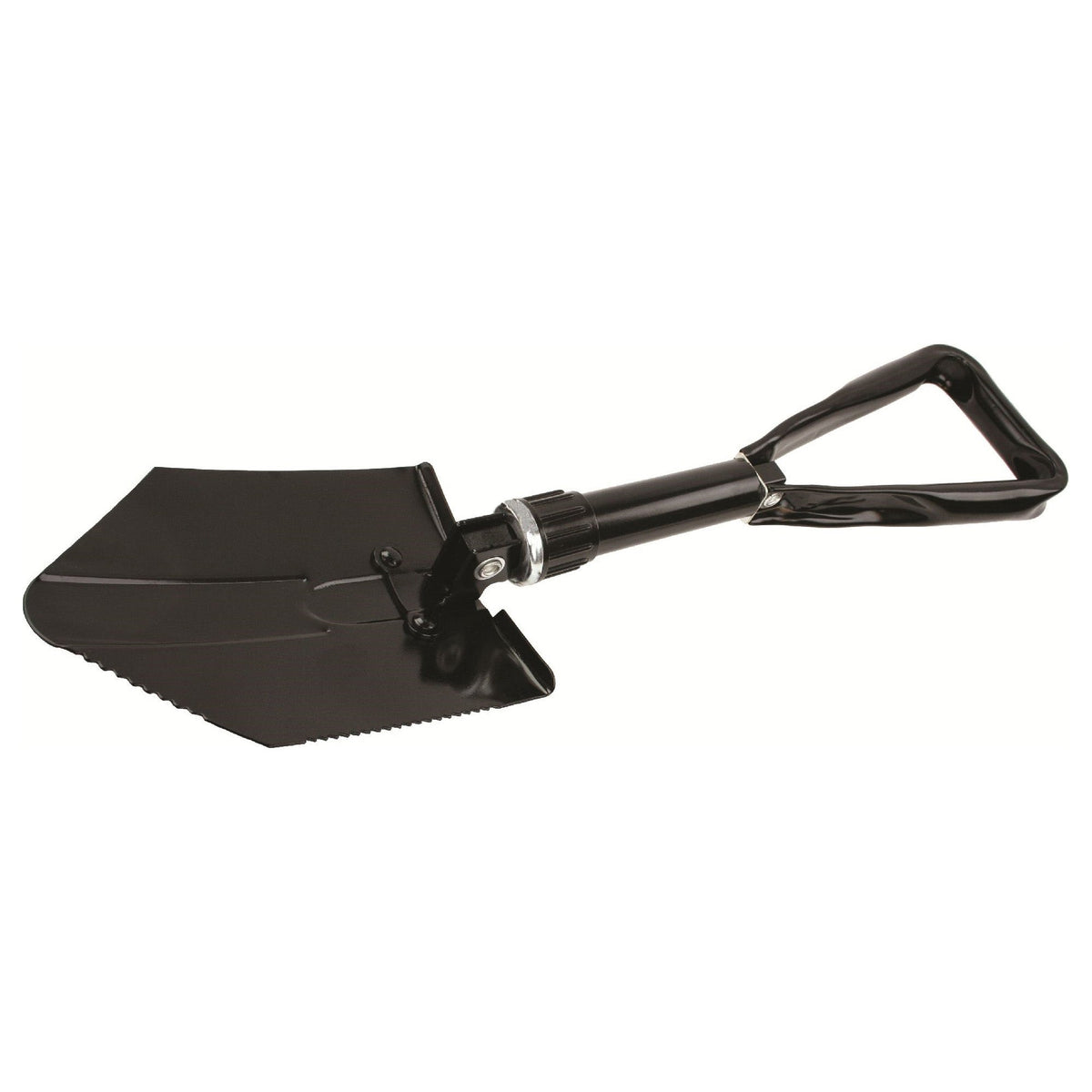 Die Highlander doppelt klappbare Schaufel von HIGHLANDER FORCES kommt in Schwarz, mit gezahntem Rand und D-Griff. Sie ist teils ausgeklappt, kompakt verstaubar und perfekt als Teil deiner Camping- oder Überlebensausrüstung.