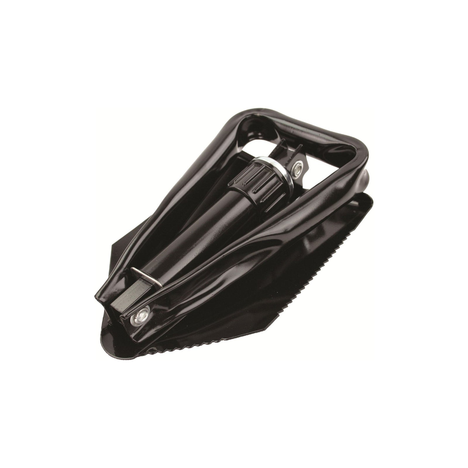 Die Highlander doppelt klappbare Schaufel von HIGHLANDER FORCES ist eine schwarze Camping-Schaufel mit gezackter Kante und drehbarem Griff, die teilweise gefaltet auf weißem Hintergrund abgebildet ist. Perfekt als Überlebensausrüstung für Outdoor-Abenteuer.