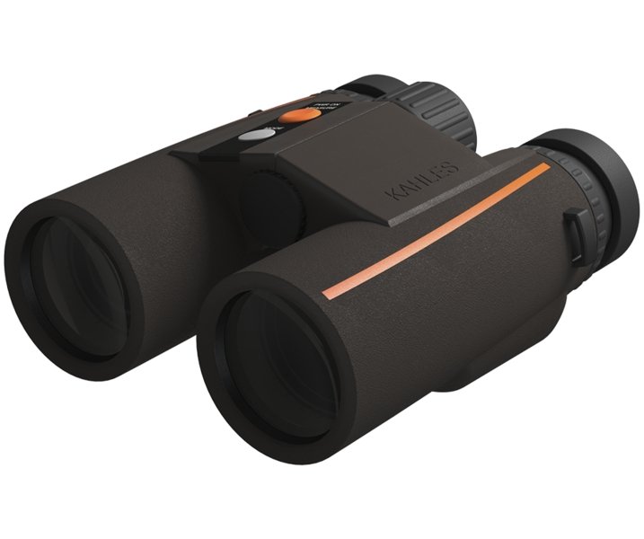 Das KAHLES Helia RF 8x42 Fernglas in Dunkelbraun/Schwarz mit orangefarbenem Akzentstreifen und Einschaltknopf verfügt über zwei große Objektive, Distanzmessung und einen strukturierten Griff, abgebildet auf weißem Hintergrund.