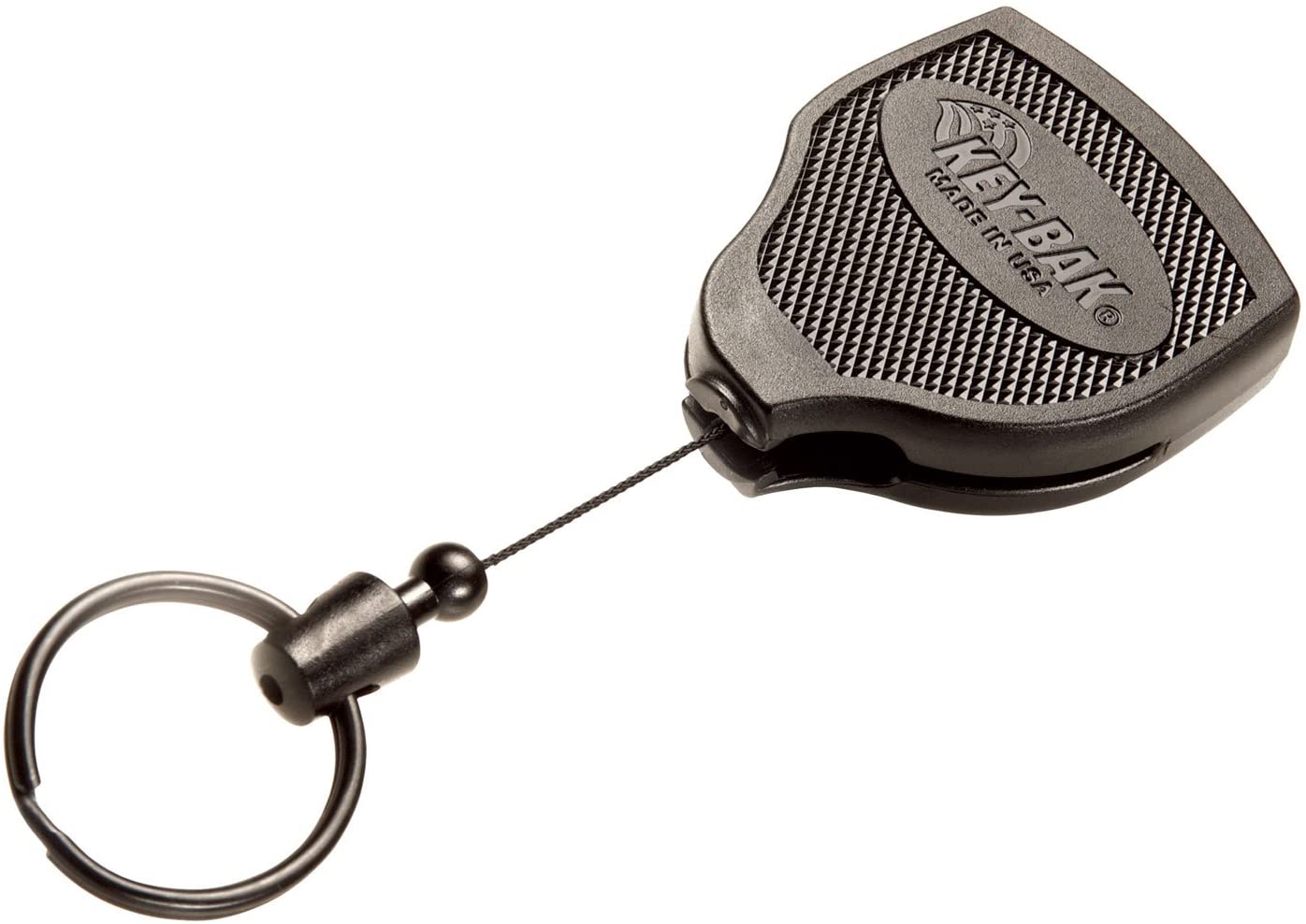 Der KEY-BAK Key-Bak Schlüsselhalter ist ein schwarzer, einziehbarer Schlüsselanhänger mit strukturiertem Griff, rundem, geteiltem Schlüsselring, strapazierfähiger Kevlarschnur, Super 48-Branding und einem stabilen Gurtclip zur sicheren Befestigung.