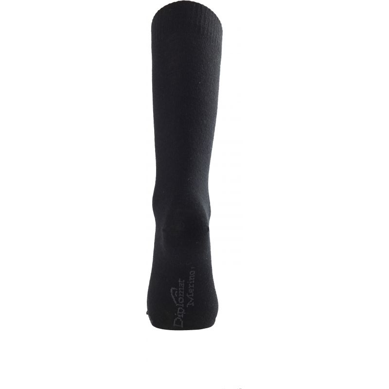 Eine einzelne schwarze Lasting Merino Socke Modell DWA 900 von LASTING steht aufrecht auf einem weißen Hintergrund. An der Spitze steht in weißer Schrift "DipoSoft México", was den Komfort und die Qualität dieser dünnen Wollsocken unterstreicht.