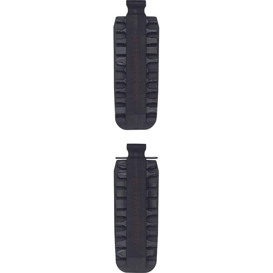 Zwei schwarze Schrotpatronenhalter mit Schlaufen, vertikal auf weißem Hintergrund dargestellt - vielseitiges Zubehör für Ihre Ausrüstung, ähnlich wie das LEATHERMAN Leatherman Bit Kit.