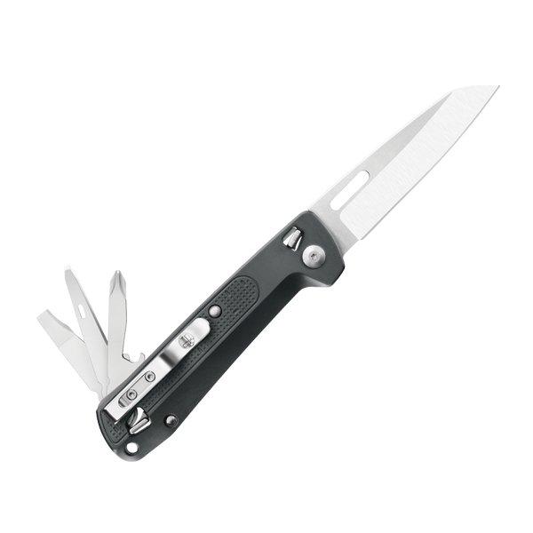 Eine Nahaufnahme des LEATHERMAN Leatherman FREE K2 Taschenmessers, die sein schlankes Design und seine vielseitige Funktionalität hervorhebt.