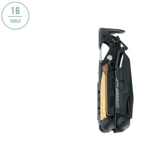 Das LEATHERMAN MUT® BLACK Multitool, das geschlossen auf weißem Hintergrund mit einem 16-Tools-Symbol abgebildet ist, eignet sich ideal als Militär-Multitool und verfügt über essentielle Funktionen wie ein Waffenzerlegungsdorn.