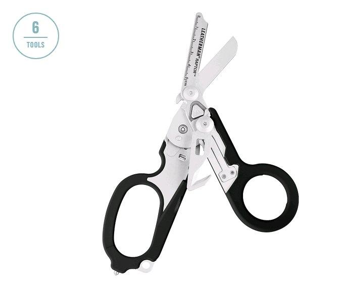 Das LEATHERMAN Leatherman Schere Raptor hat schwarze Griffe und ein Multitool-Design - ideal für präzises Schneiden und den täglichen Gebrauch.