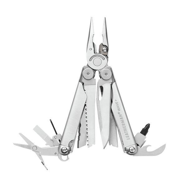 Das LEATHERMAN WAVE PLUS ist ein Multitool aus Edelstahl mit erweiterter Zange, Drahtschneider, Säge, Messerklinge, Schere, Schraubendreher, Feile und Flaschenöffner. Das Werkzeug trägt das Leatherman WAVE+ Label.
