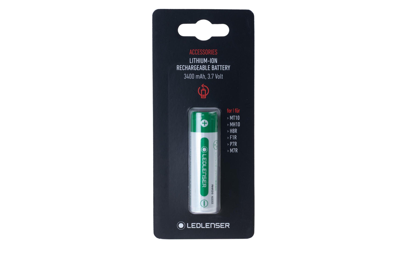 Ein verpackter LEDLENSER Akku Li-Ion 3,6V / 3000mAh in schwarz-weißer Verkaufsverpackung, beschriftet für die Verwendung mit verschiedenen Modellen, wird vor einem weißen Hintergrund gezeigt.