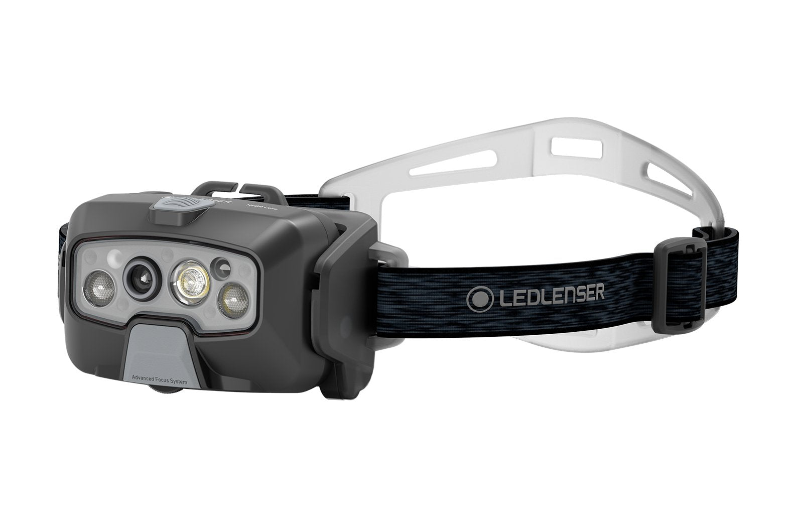 Die LEDLENSER HF8R Core Stirnlampe verfügt über Advanced Focus System und Adaptive Light Beam Technologie, mehrere LEDs in einem dunkelgrauen Gehäuse, ein verstellbares schwarz/graues Stirnband und ein weißes Kopfband.