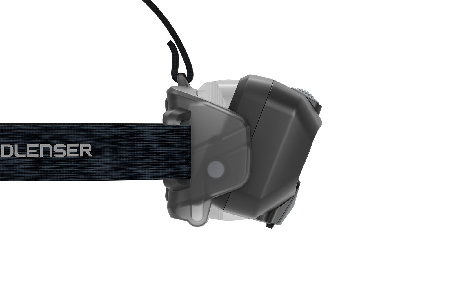 Seitenansicht der LEDLENSER HF8R Core-Stirnlampe in Schwarz und Grau mit Adaptive Light Beam Technology und schwarzem Armband mit teilweise sichtbarem LEDLENSER"-Schriftzug vor weißem Hintergrund.