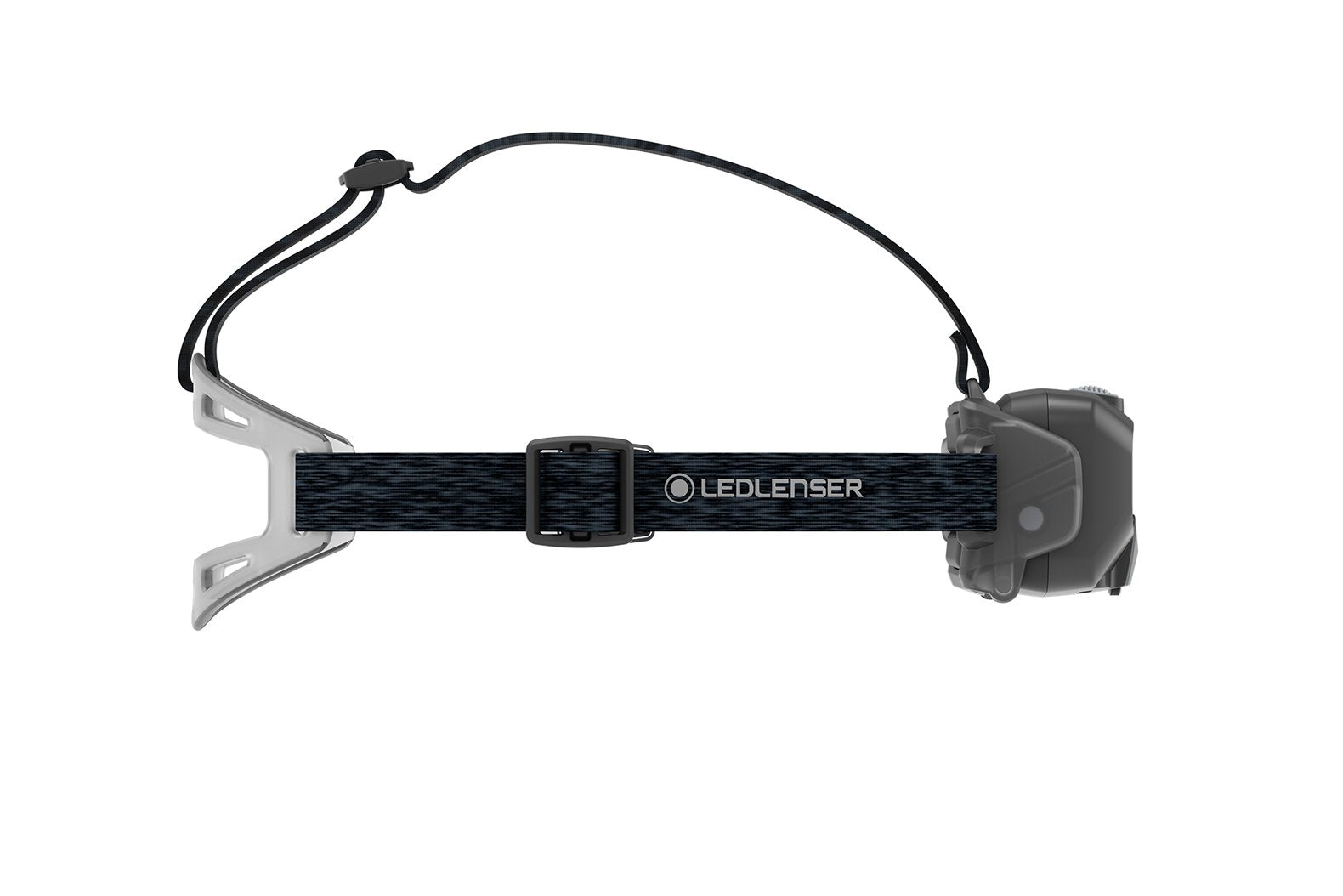 Die LEDLENSER HF8R Core Stirnlampe verfügt über ein dunkelblaues, verstellbares Band, ein schwarzes Überkopfkabel, eine silberne Halterung und eine graue LED-Lichteinheit mit Adaptive Light Beam Technology, die auf weißem Hintergrund abgebildet ist.