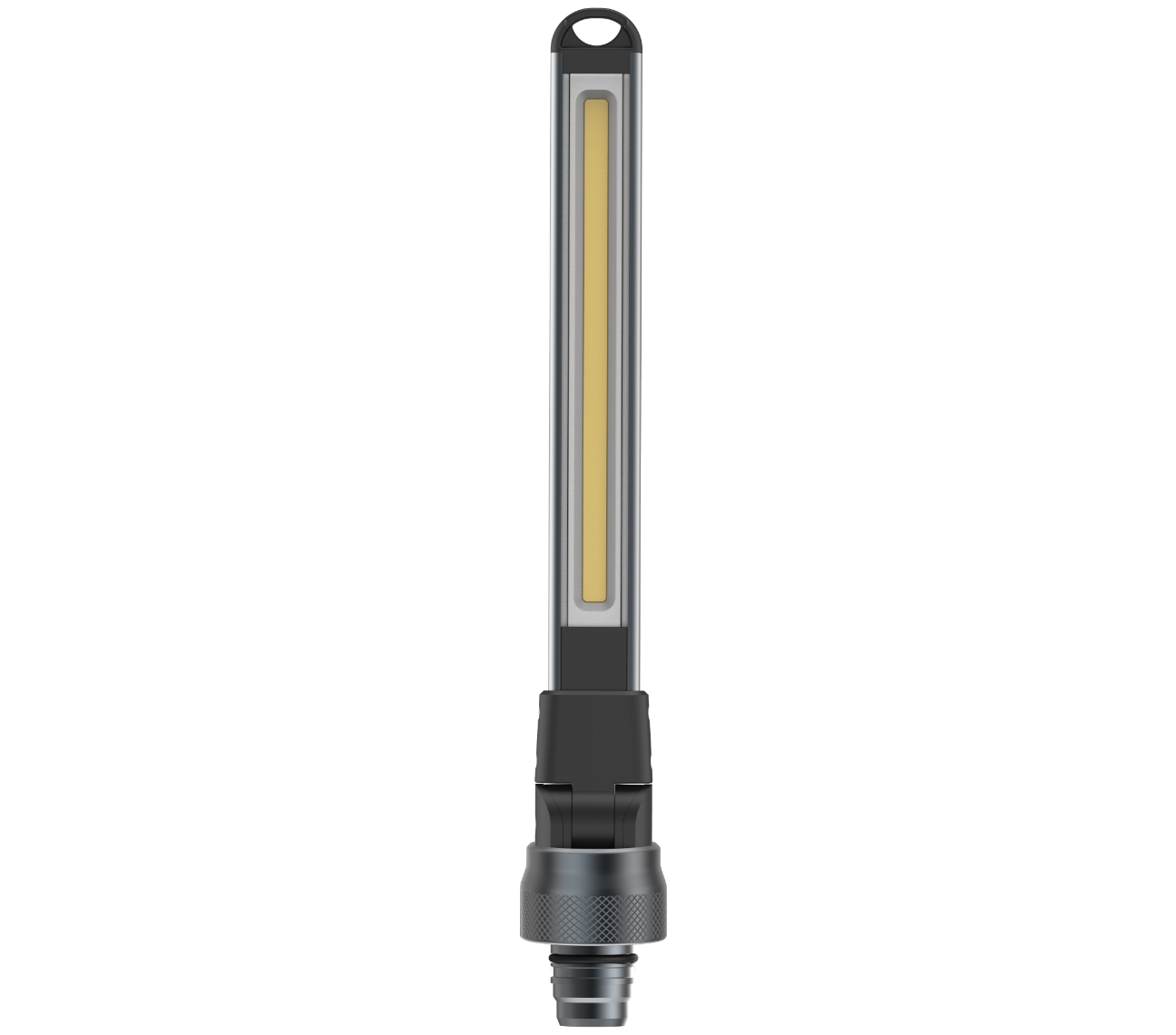 Die LEDLENSER Ledlenser Lampenset Workers Friend ist eine vertikale, schlanke LED-Arbeitsleuchte in Schwarz-Grau mit langer Lichtleiste, rundem Aufhängeloch und multifunktionalem Sockel als abnehmbarer Anschluss.
