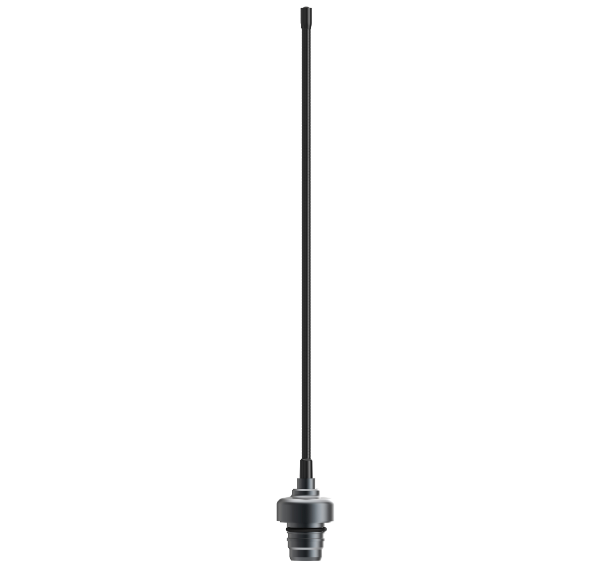 Eine hohe, schlanke schwarze Peitschenantenne mit Gewindesockel und Gummidichtung, abgebildet auf weißem Hintergrund - perfekt für die Verwendung mit dem LEDLENSER Ledlenser Lampenset Workers Friend auf Feldgeräten.