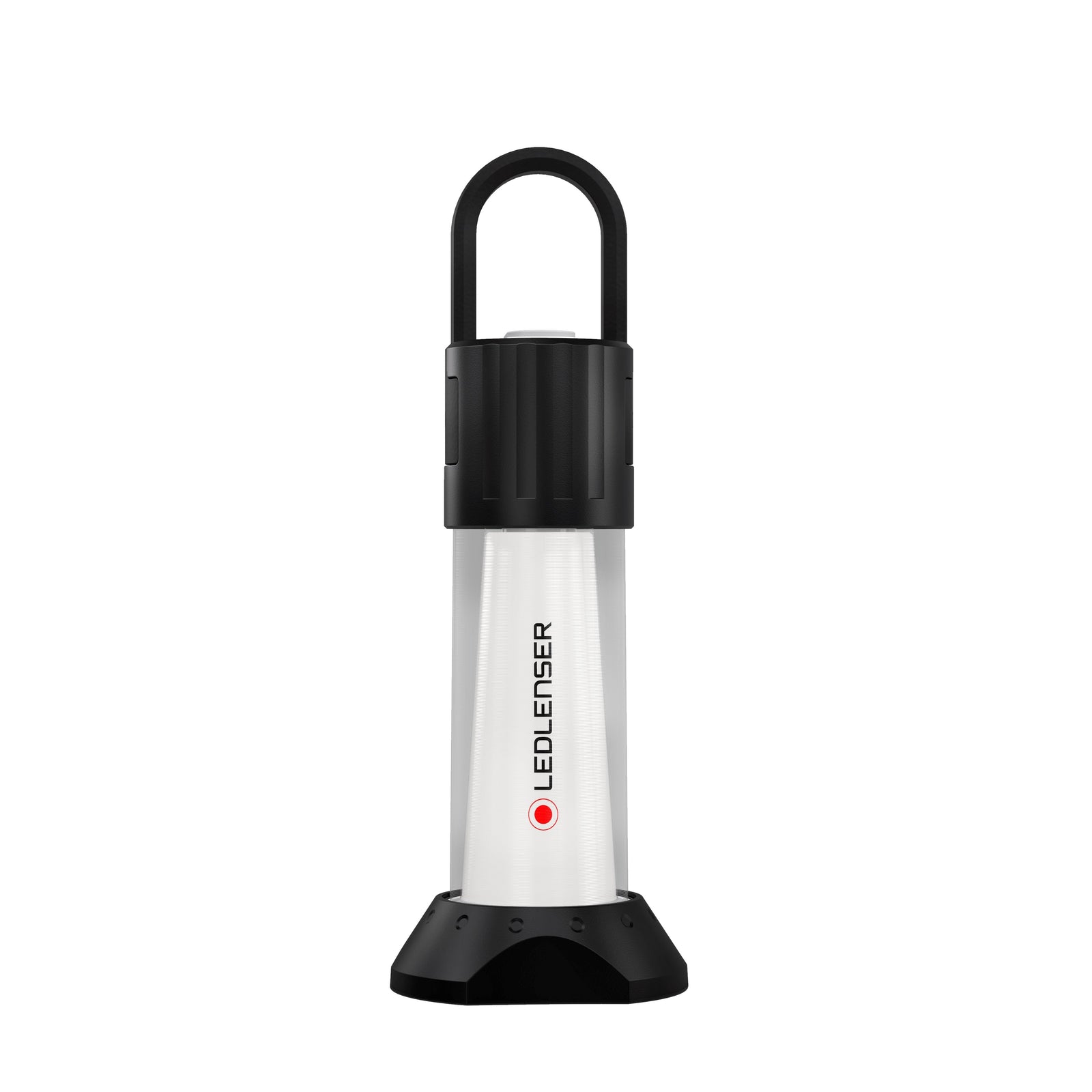 Die silber-schwarze LEDLENSER ML6 Outdoor-Campinglampe mit zylindrischem Gehäuse, schwarzem Boden und Deckel, Tragegriff und vertikal aufgedrucktem LEDLENSER-Logo - perfekt für Outdoor-Abenteuer.