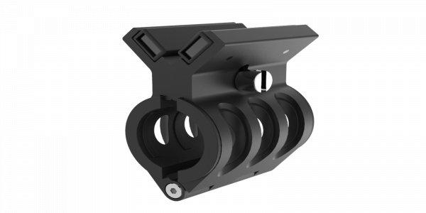 Ein 3D-gerendertes Bild der LEDLENSER Ledlenser Magnethalterung, einer schwarzen Metallhalterung mit zwei zylindrischen Öffnungen, eckigen Kanten, einer flachen oberen Halterung und einer seitlichen Schraube, die für die sichere Befestigung der Ledlenser MT10 konzipiert ist.