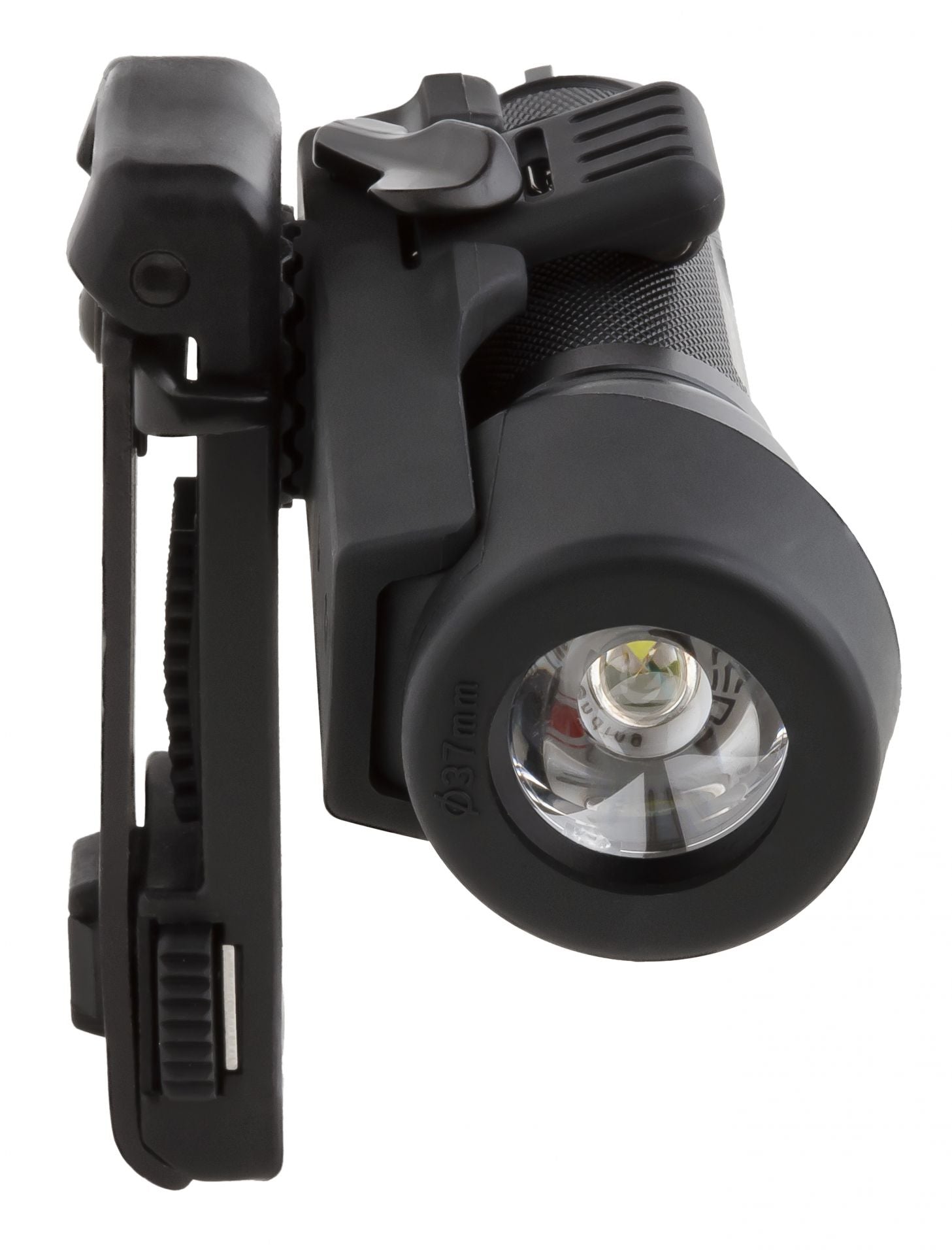 Schwarze LEDLENSER taktische Taschenlampe mit Befestigungsclip und Kippschalter, abgewinkelte Frontansicht mit klarer LED-Linse auf weißem Hintergrund - perfekt für die Verwendung mit dem Ledlenser Tactical Professional Holster.