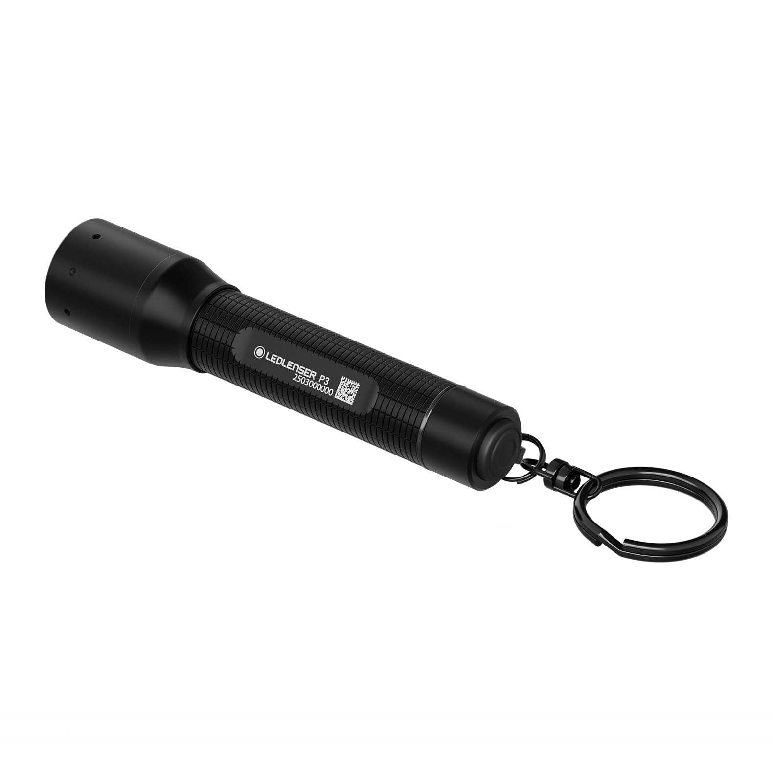 Die LEDLENSER Ledlenser Taschenlampe P3 ist eine kompakte schwarze Taschenlampe mit strukturiertem Griff und Schlüsselring, abgebildet in weiß. Sie verfügt über ein Advanced Focus System für präzise Beleuchtung.