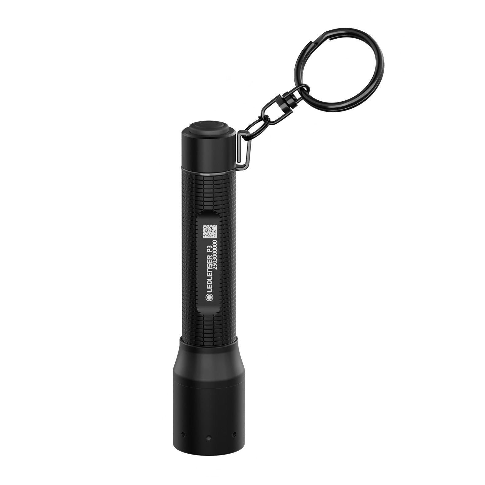 Die LEDLENSER Ledlenser Taschenlampe P3 ist eine kompakte, schwarze Taschenlampe mit strukturiertem Griff und Schlüsselring, die sich leicht als Schlüsselanhänger tragen lässt.