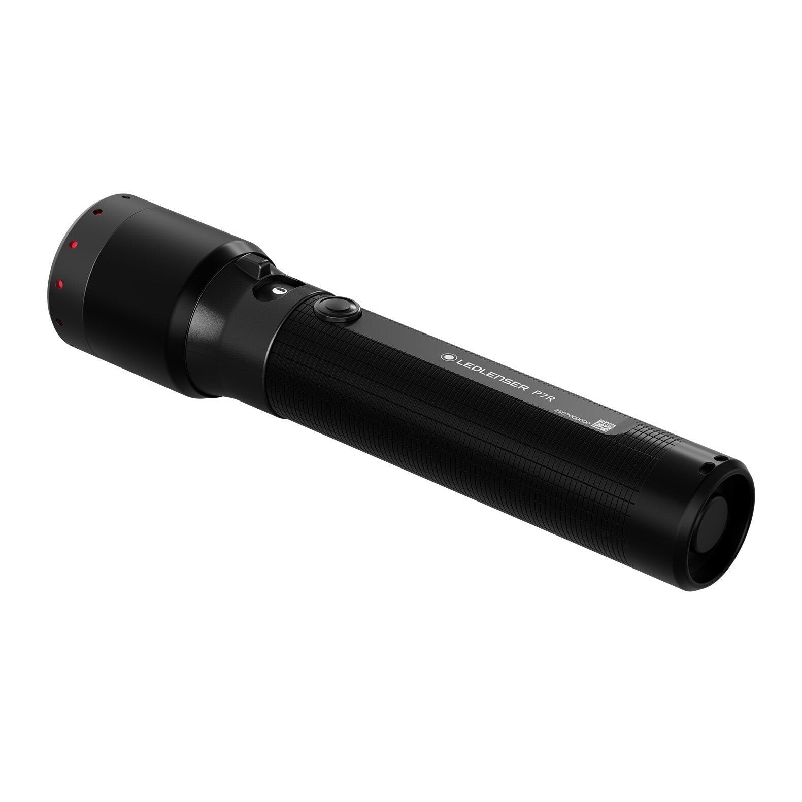 Die LEDLENSER Taschenlampe P7R ist eine schwarze Taschenlampe mit strukturiertem Griff, Einschaltknopf in der Nähe des Kopfes, drei roten Kontrollleuchten an der Seite, 2000 Lumen Helligkeit und weißem Marken- und Modellaufdruck auf dem Gehäuse.