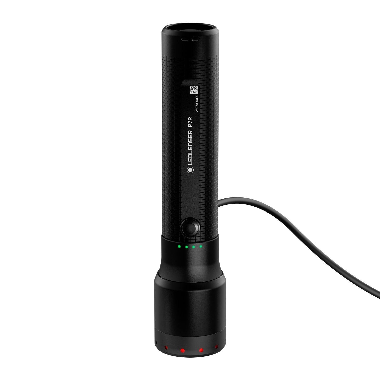 Die LEDLENSER Taschenlampe P7R ist eine schwarze, wiederaufladbare Taschenlampe mit einem Kabel und bis zu 2000 Lumen Helligkeit.