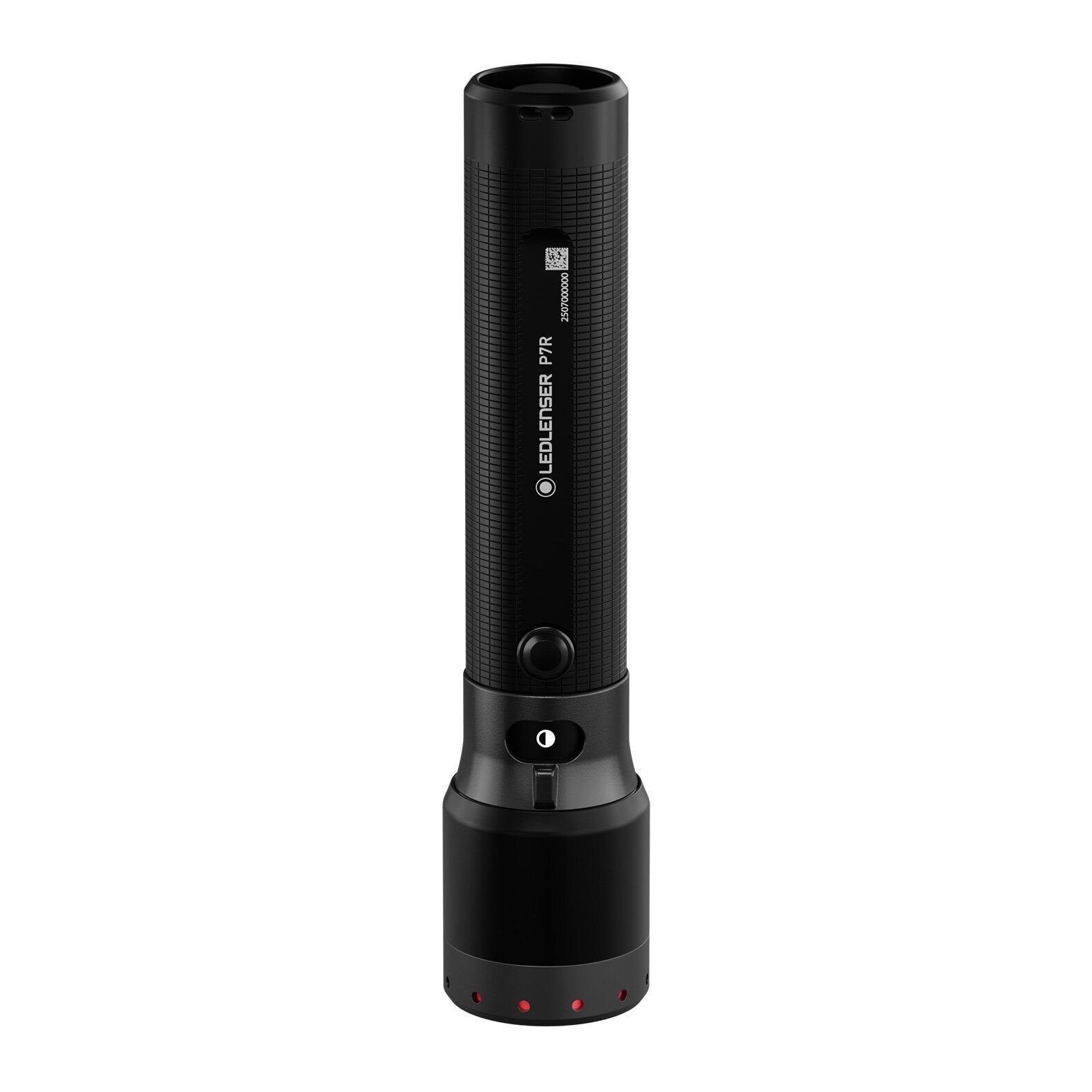 A LEDLENSER Taschenlampe P7R steht aufrecht auf weißem Hintergrund mit strukturiertem Griff, Ein-/Ausschalter und roten Kontrollleuchten am unteren Ende.
