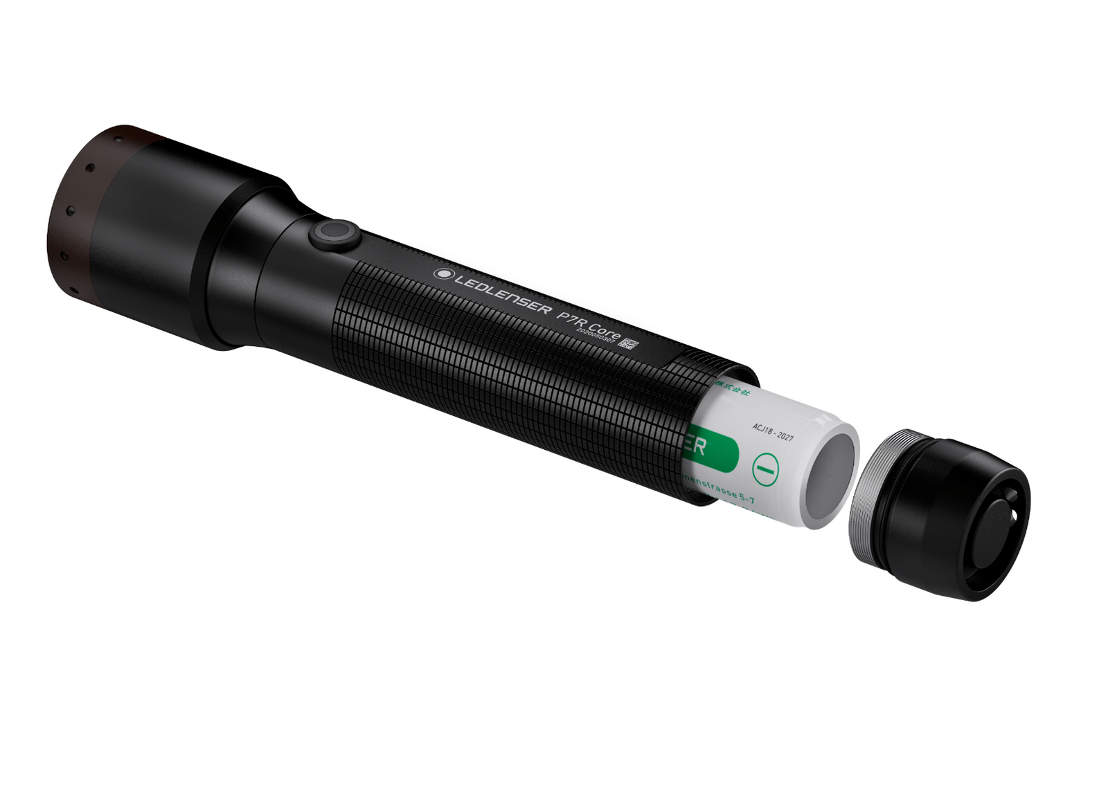Eine schwarze LEDLENSER Taschenlampe P7R Core wird mit abgenommener Endkappe gezeigt, die einen teilweise herausgezogenen Akku offenbart. Sie verfügt über das Advanced Focus System zur präzisen Einstellung des Lichtstrahls.