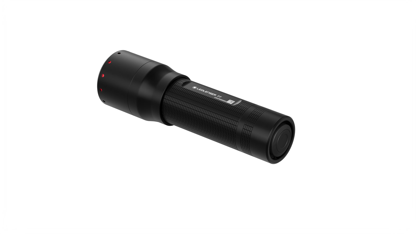 Die LEDLENSER Ledlenser Taschenlampe P7 ist eine schwarze zylindrische LED-Taschenlampe mit strukturiertem Griff, Endkappen-Einschaltknopf und Advanced Focus System auf weißem Hintergrund.