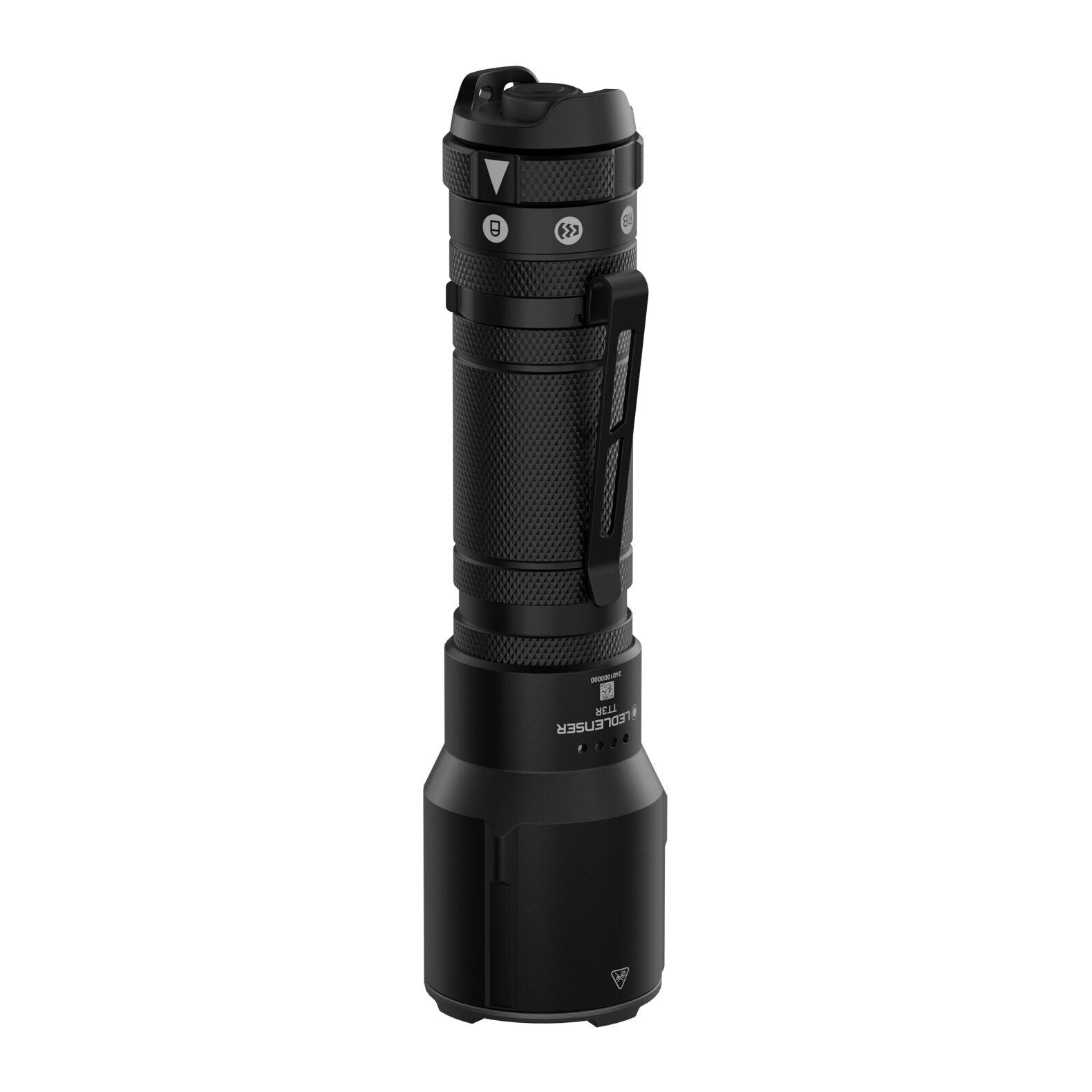 Die LEDLENSER Taschenlampe TT3R ist eine schwarze, zylindrische LED-Taschenlampe mit strukturiertem Griff, Taschenclip und Bedienknöpfen oben. Sie bietet 1900 Lumen und steht aufrecht vor einem weißen Hintergrund.
