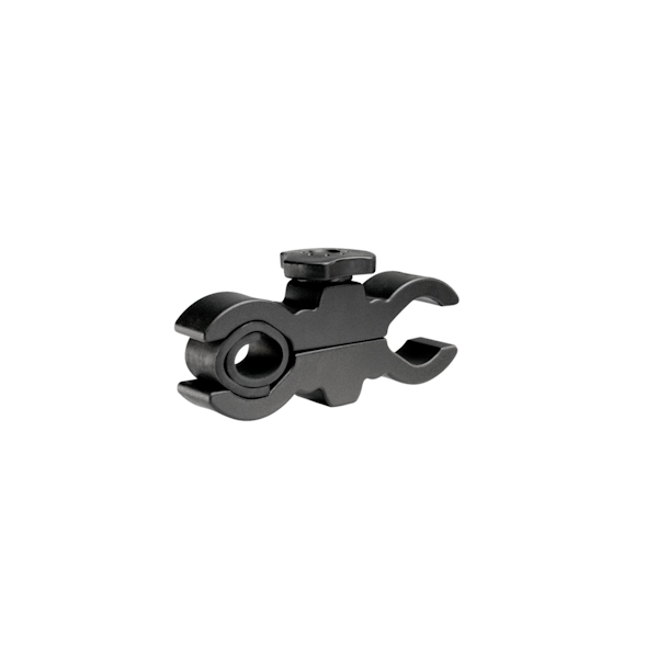 Das LEDLENSER Universal Mounting System ist eine schwarze Metallklammer mit einer kreisförmigen Öffnung und einem C-förmigen Schlitz sowie einer zentralen Feststellschraube - ideal für die sichere Befestigung der Lampe.